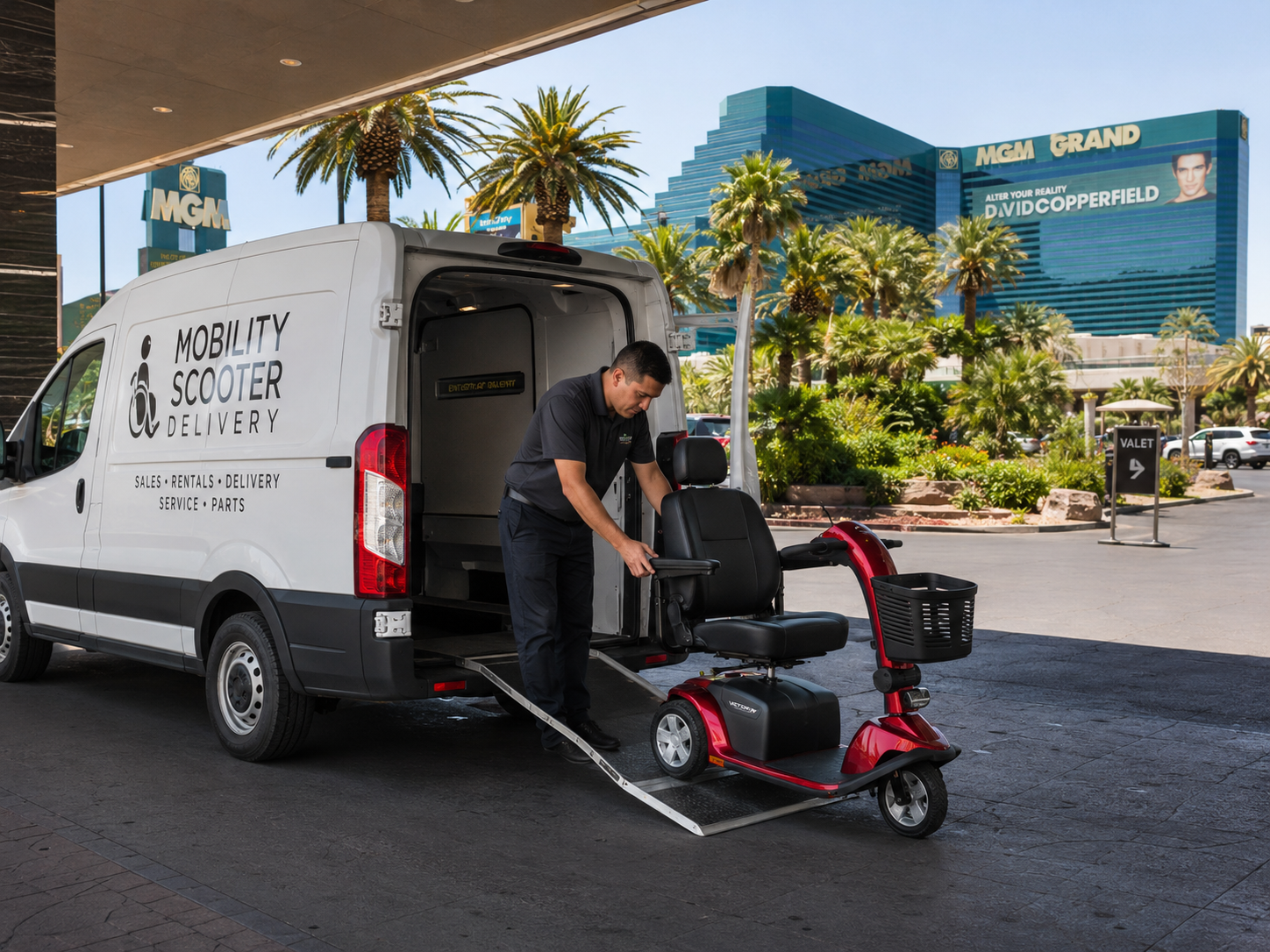 Gear Rental Zone driver delivering a wheelchair from a van outside a Las Vegas hotel